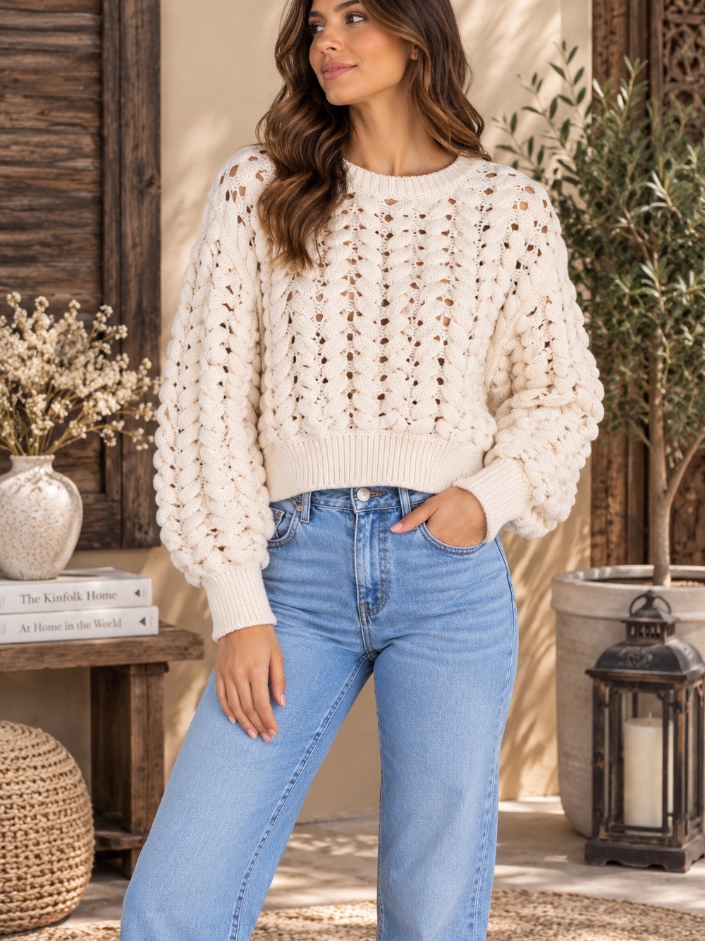Ivory Cable Knit Openwork Sweater Size S NW